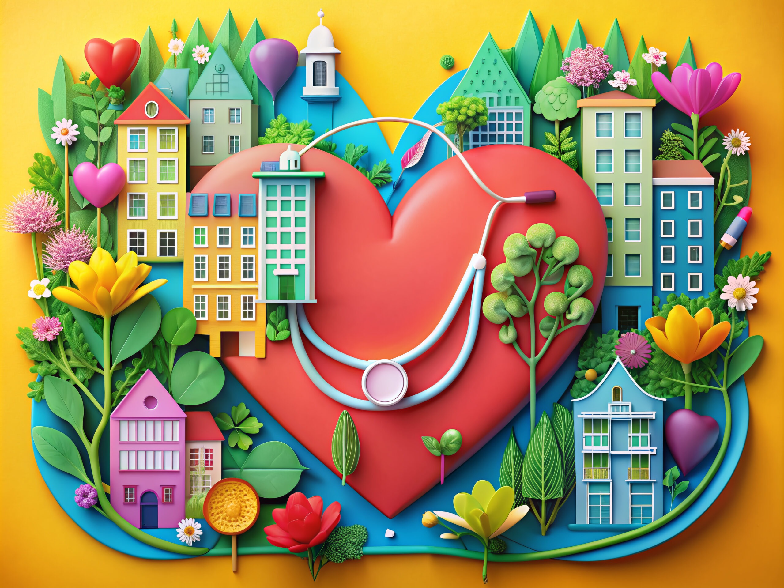 Vibrant 3D paper illustration of a stethoscope-wrapped heart surrounded by various paper cutouts of bicycles, flowers, and buildings, promoting healthy hearts and community unity.
