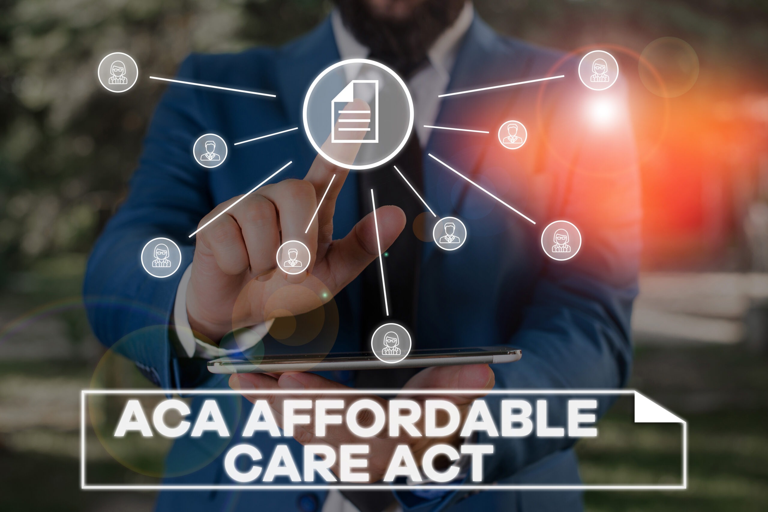 Handwriting text writing Aca Affordable Care Act. Concept meaning providing cheap treatment to patient several places Male human wear formal work suit presenting presentation using smart device.